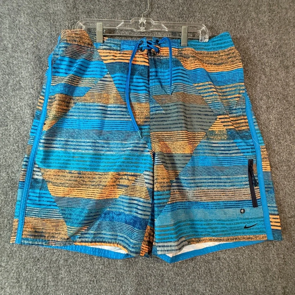 Nike Swim Trunks XL Geometric Stripes Blue Orange Drawstring Mesh Lined‎